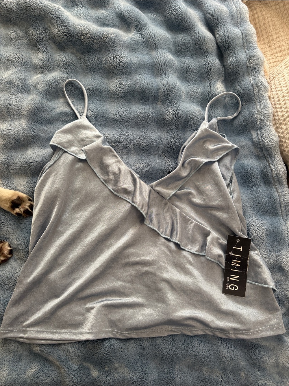 Timing Light Blue Velvet Ruffle Cami